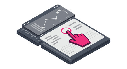 user interface hand click illustration on digital dashboard ux ui design data analytics screen showing graphs for web app optimization