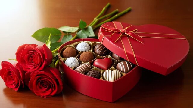 A heartshaped box of assorted chocolates and red roses on a wooden table