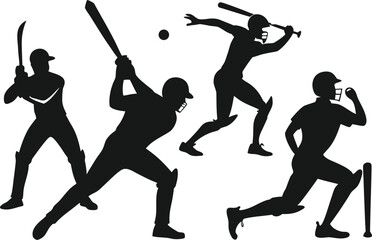 Cricket players silhouettes batting bowling fielding action