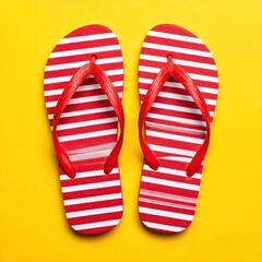 Red and white striped flip-flops on a bright yellow background