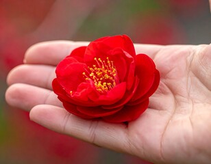 Close-up of a vibrant red flower resting gently in an open hand