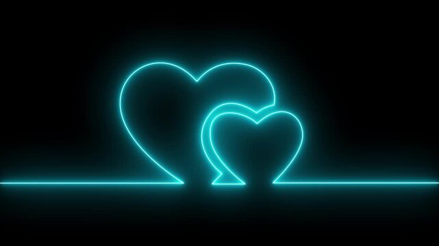 Neon line Two love hearts. Valentine's Day indicate. Love One line drawing concept. love card neon glowing icon. Bright glowing neon valentines love heart symbol animation.4k video animation