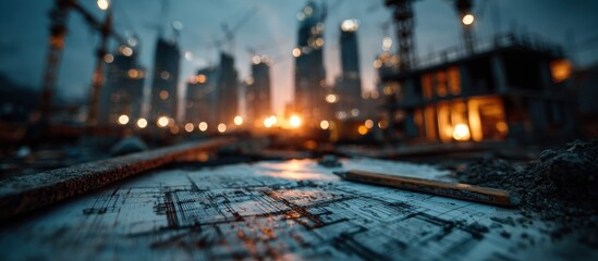 Construction site at dusk with blueprints in foreground. Urban development