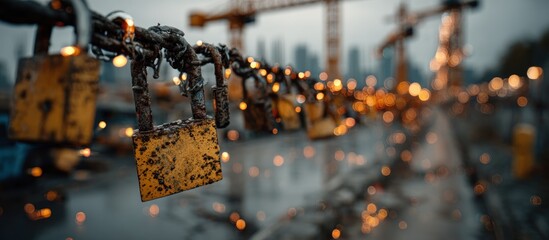Rusty padlocks on a chain against a city, bokeh lights and cranes in the distance