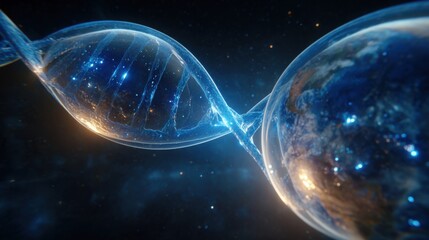 Futuristic Concept of DNA Double Helix Connecting to Planet Earth in Cosmic Space with Stars and Glowing Elements