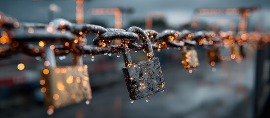 Close-up of wet chain with padlocks and bokeh lights on a cloudy day