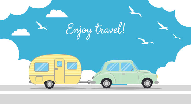 Travel concept illustration featuring a small green car towing a yellow vintage caravan on a road with clouds and seagulls in sky.