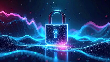 Digital Security Concept - Glowing Padlock on Abstract Background.
