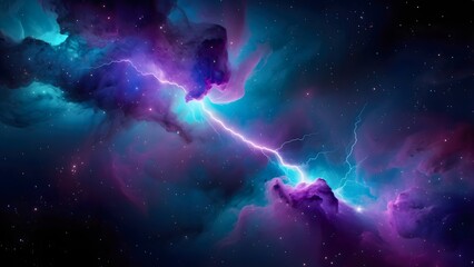 Cosmic nebula discharging electric lightning bolt in deep outer space with stars, abstract energy thunder storm effect, transparent background
