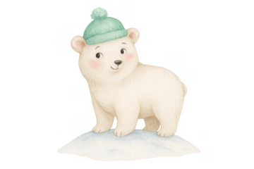 Cute polar bear cub with rosy cheeks standing on a white snowdrift, wearing a warm beanie, on a transparent background