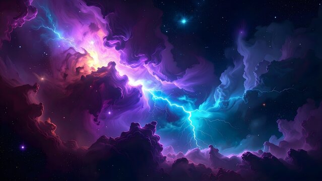 Cosmic nebula discharging electric lightning bolt in deep outer space with stars, abstract energy thunder storm effect, transparent background - Powered by Adobe