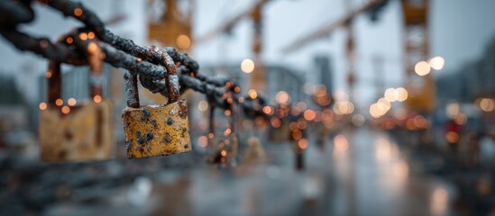Close-up of rusty locks on a chain, distant buildings and lights blurred