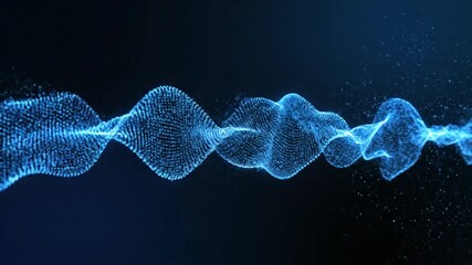 Abstract blue wave of glowing particles flowing on a dark background