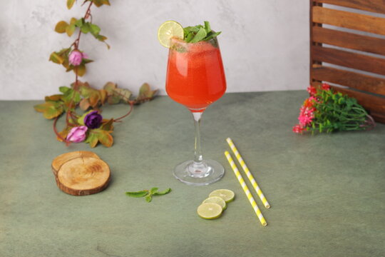 Refreshing strawberry mojito made with fresh strawberries, mint leaves, lime, and soda, served chilled with ice. A vibrant non-alcoholic summer mocktail known for its fruity flavor and refreshing appe