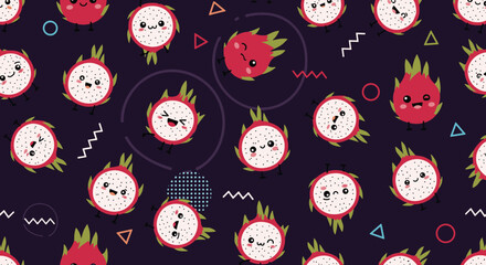 Cute dragon fruit pattern with smiling characters and geometric shapes on a dark purple background for wallpaper and fabric.