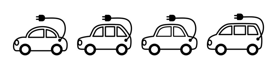 コンセントが強調されたかわいい横向きの電気自動車のアイコンセット　ベクターイラスト