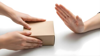 Hands rejecting a cardboard box on a white surface concept of refusal