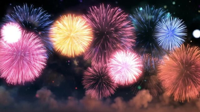 Colorful fireworks exploding in night sky celebration scene