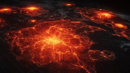 Abstract representation of urban areas illuminated by glowing orange light against a dark background, highlighting energy and connectivity