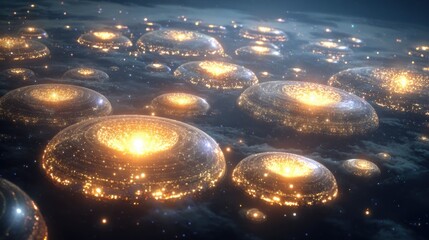 Stunning celestial landscape featuring glowing orbs of light floating in an ethereal universe with sparkling stars and cosmic elements