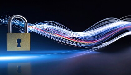 Digital security concept with padlock and data streams.