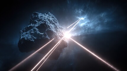 Cosmic Asteroid Emitting Light Rays in a Dark Space Landscape with Blue Nebula and Mysterious Celestial Effects