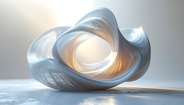 A smooth, abstract sculpture with flowing lines and a central void. Soft lighting creates highlights and shadows, emphasizing its form