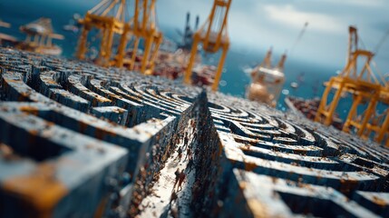 Intricate concrete maze with towering yellow cranes in the distant sea