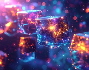 Glowing transparent cubes filled with orange & blue cosmic energy