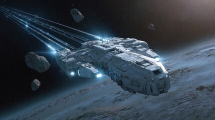 Futuristic Spacecraft Gliding Through Asteroid Field with Dynamic Light Trails in Deep Space Environment