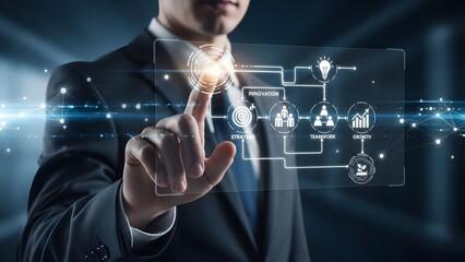 Businessman interacting with a futuristic digital interface in a dark background