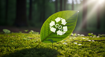 Green leaf with recycle co2 symbol in sunny forest environment