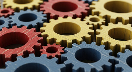 A detailed close-up of interlocking wooden gears in red yellow and blue. The image emphasizes teamwork and mechanical connection with a shallow depth of field.