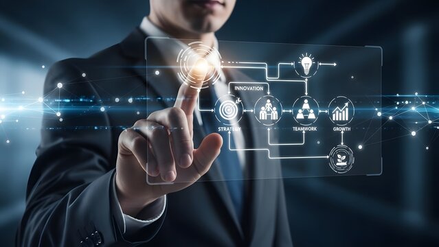 Businessman interacting with a futuristic digital interface in a dark background - Powered by Adobe