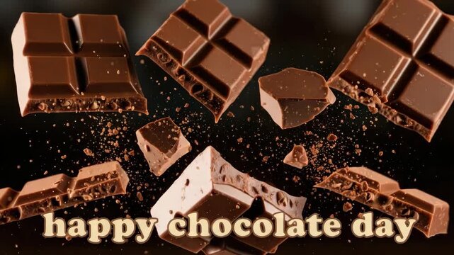 Milk chocolate bars and chunks scattered on dark surface for happy chocolate day