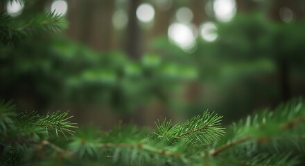 Pine Tree Branches with Blurred Forest Background and Bokeh Lights