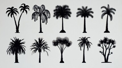 Naklejka premium Ten black silhouettes of various palm trees arranged in a grid, showcasing distinct shapes including date, willow,