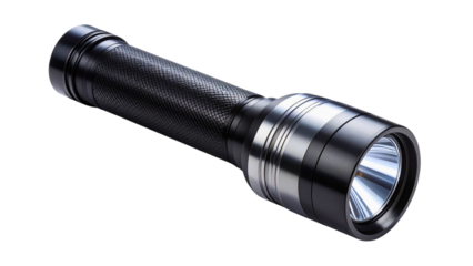 Modern electric torch offering reliable light, featuring a durable black and chrome metallic body and efficient led bulbs
