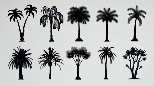 Ten black silhouettes of various palm trees arranged in a grid, showcasing distinct shapes including date, willow,