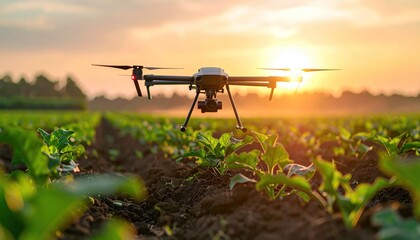 Drone flying over a field at sunset for agricultural monitoring.