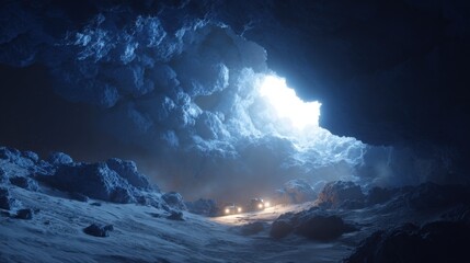 Fototapeta premium Mysterious Snowy Cave with Bright Light and Adventurous Vehicles Illuminating the Frosty Landscape