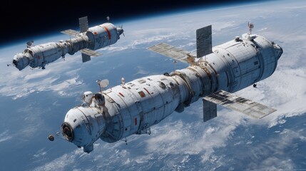 Stunning View of Two Space Stations Orbiting Earth with Bright Sunlight and Planetary Background