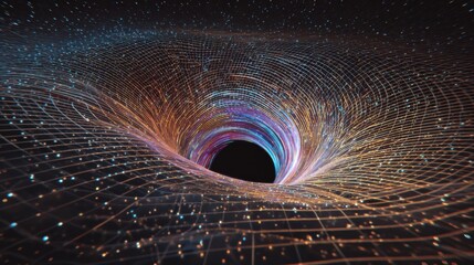 Stunning Visualization of a Black Hole with Vibrant Energy Lines and Cosmic Background, Representing Space and Time Dynamics