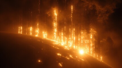Dramatic depiction of cosmic events with fiery streams cascading from a planet in a dark, atmospheric space environment