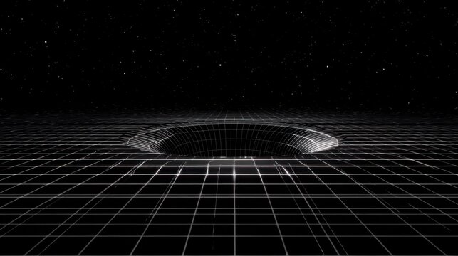 3D Representation of Black Hole in Space with Grid and Starry Background Illustrating Cosmic Phenomenon and Gravitational Effects
