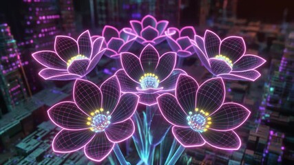 Neon wireframe lotus flowers bloom in futuristic digital cityscape glowing pink and blue abstract