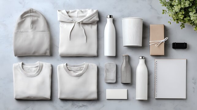 Company prepares promotional items, swag kit, branded merchandise for event. Corporate gifts, custom apparel, product, logotype, item, caterer concept on light gray table with.