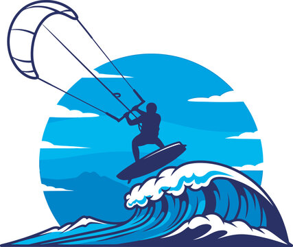 Vibrant blue vector of a kiteboarder jumping off a cresting ocean wave against a sunset sun. This dynamic extreme sports illustration is perfect for surf branding, travel posters, and coastal apparel.
