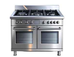 Stainless steel gas range with multiple burners and oven for home kitchens, cooking, and culinary preparations, transparent background