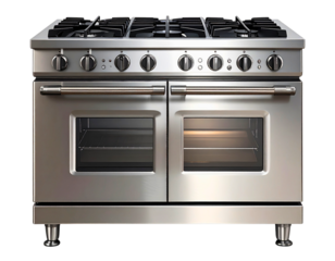 Stainless steel gas range with multiple burners and oven for home kitchens, cooking, and culinary preparations, transparent background